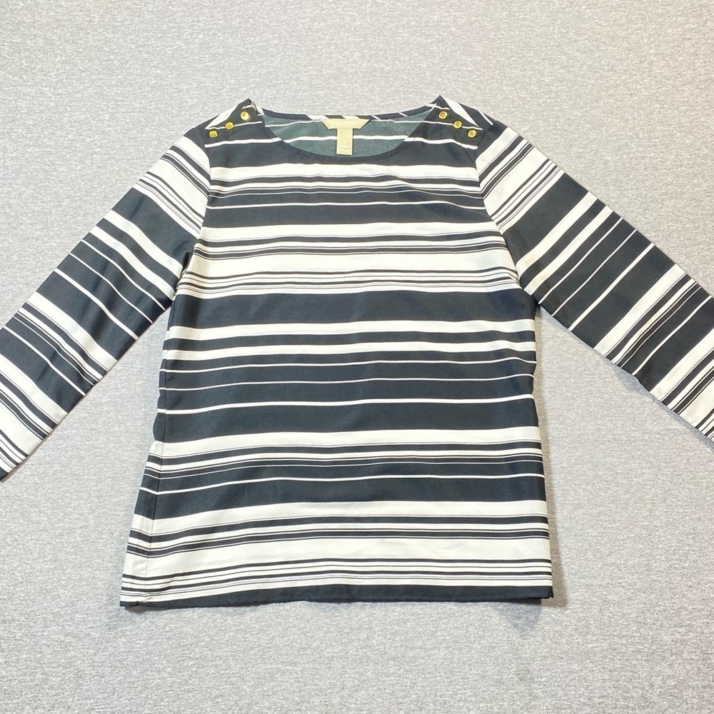 Banana Republic Striped Blouse Women’s M Black White 3/4 Sleeve Gold Button Top